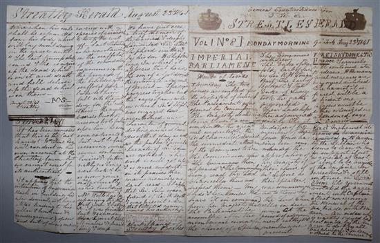 A mid 19th century manuscript 4 page Newspaper -